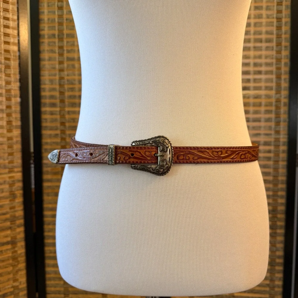 Unbranded Tooled Leather Belt Womens 32 Western Floral Engraved Buckle Boho